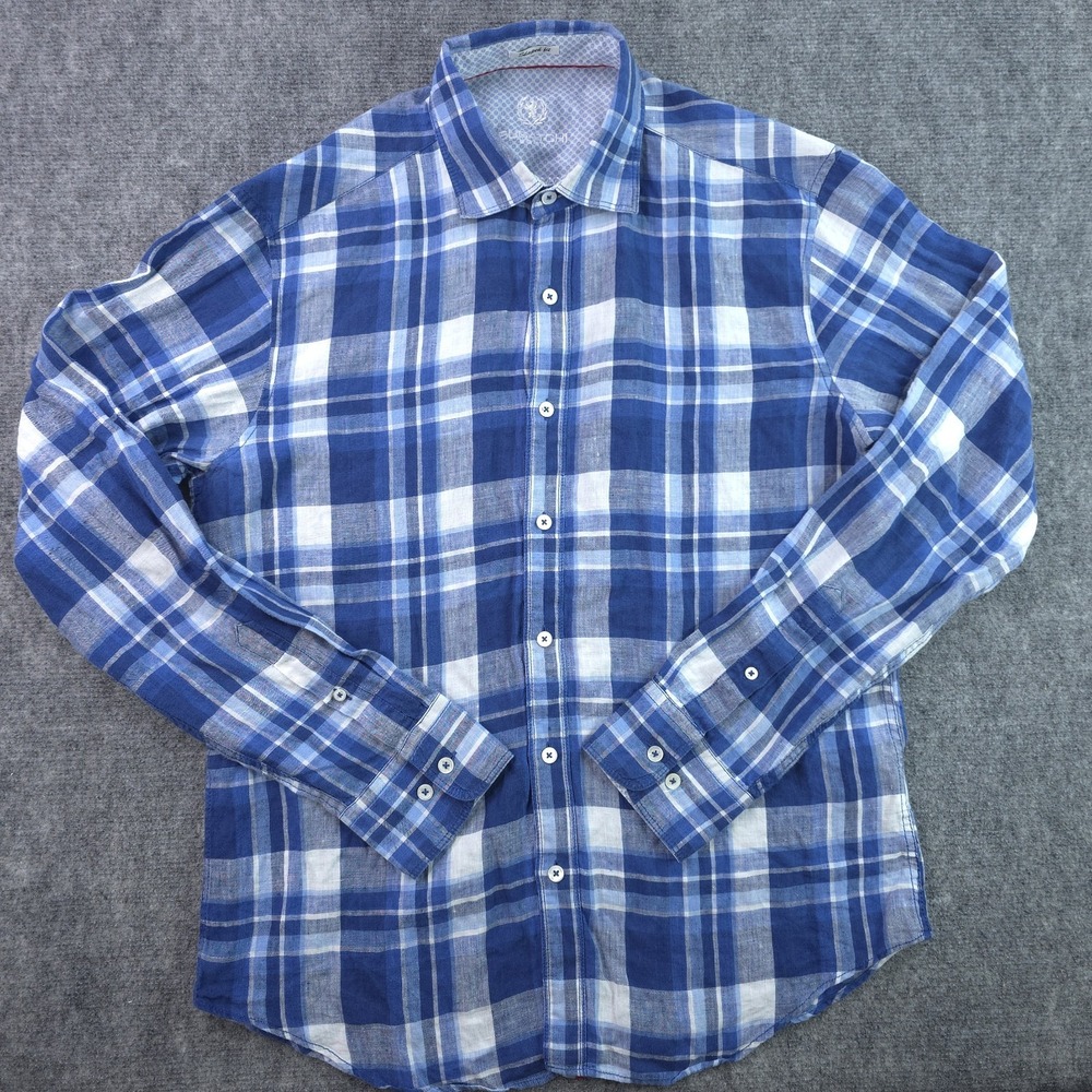 Bugatchi Shirt‎ Medium Shaped Fit Blue Plaid Long Sleeve Button Up 100% Linen
